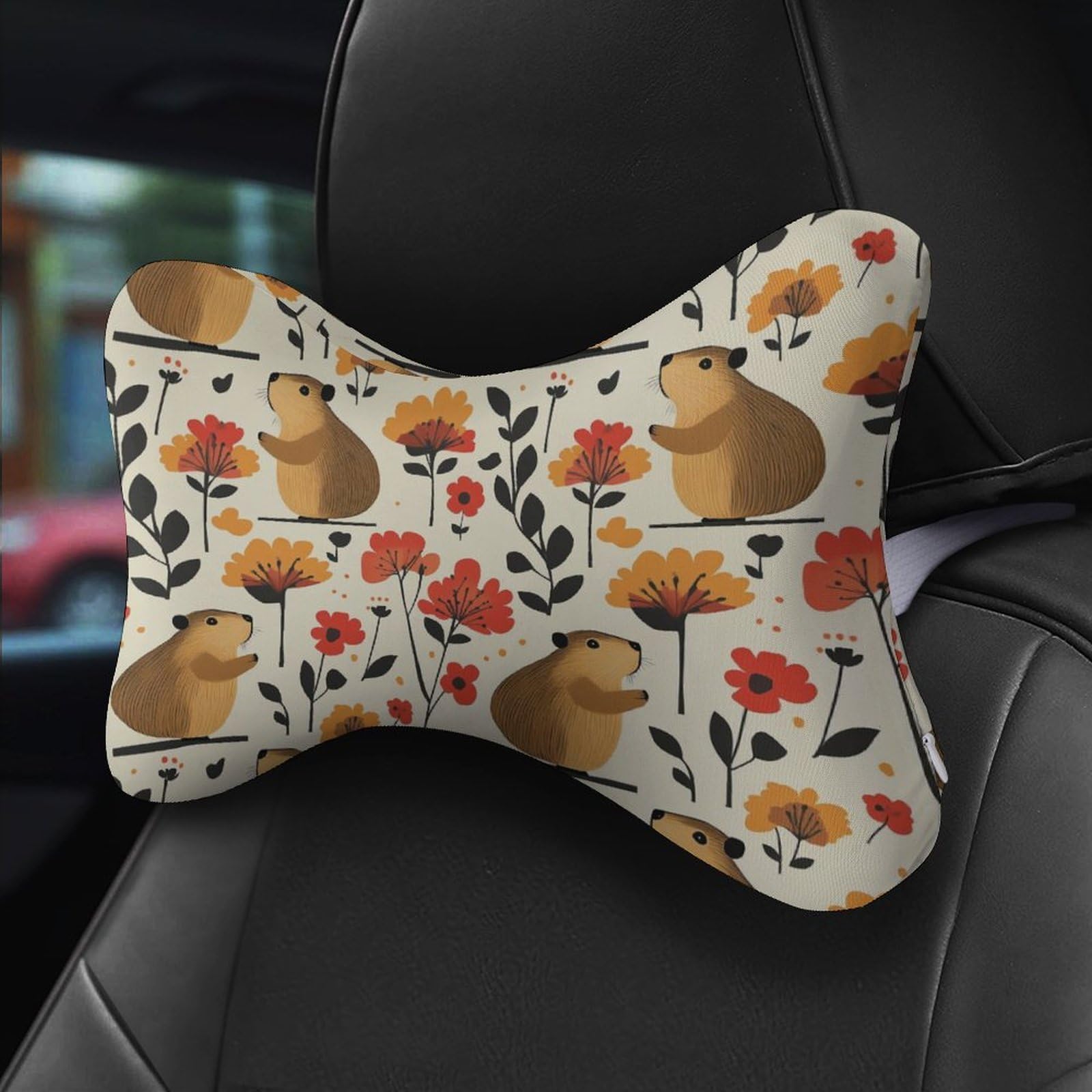SMAZDFXX Capybara Car Neck Pillow Set of 2 Car Seat Head Support Cushion Bone Pillows with Elastic Strap