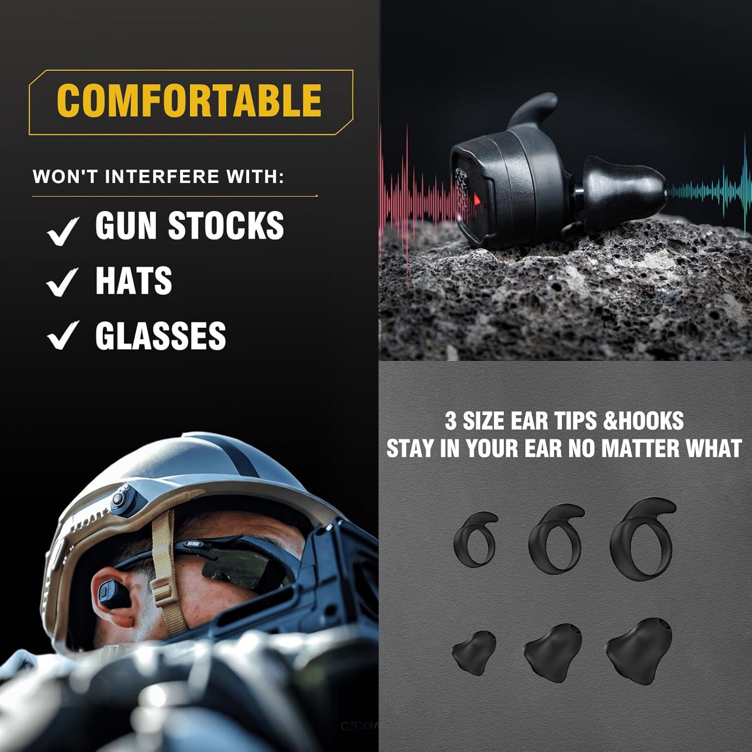 Comfortable fit features of the earbuds, showing different ear tip sizes