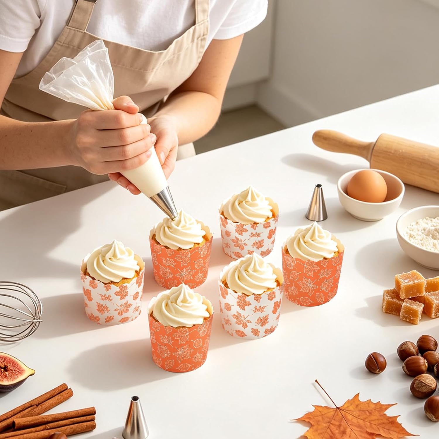Whaline 100 Pcs Fall Paper Muffin Baking Cups Orange White Maple Leaves Cupcake Liners Bulk Scalloped Edge Baking Paper Cup for Autumn Thanksgiving Birthday Baby Shower Party Supplies