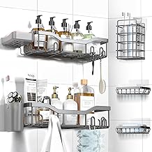 Shower Caddy Adhesive Shower Organizer 7-Pack, Rustproof Stainless Steel Bathroom Shelves, Large Capacity No-Drill Rack Storage Accessories with Soap Dish Toothbrush Holder Hooks