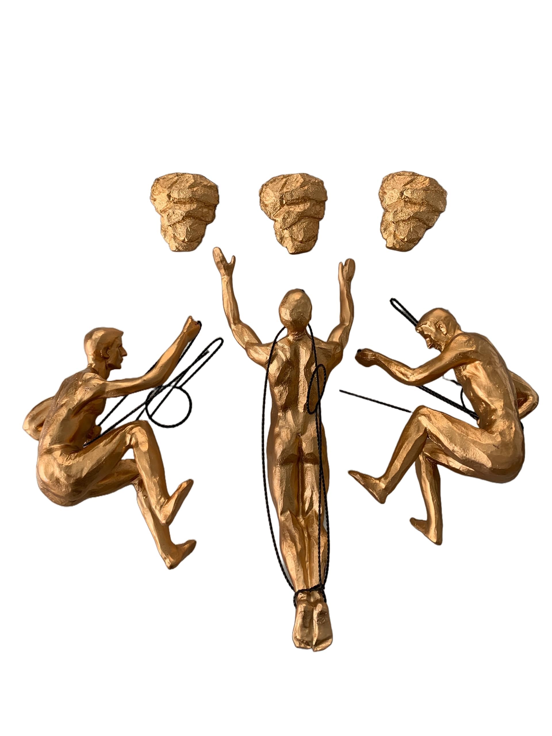 Haute Collage Men's Rose-Gold 3X Climbers With Rock Nail-Caps Abseiling Hanging Statues Figurines Ornats Figures Wall-Hanging Sculpture Wallart Bungee Jumper
