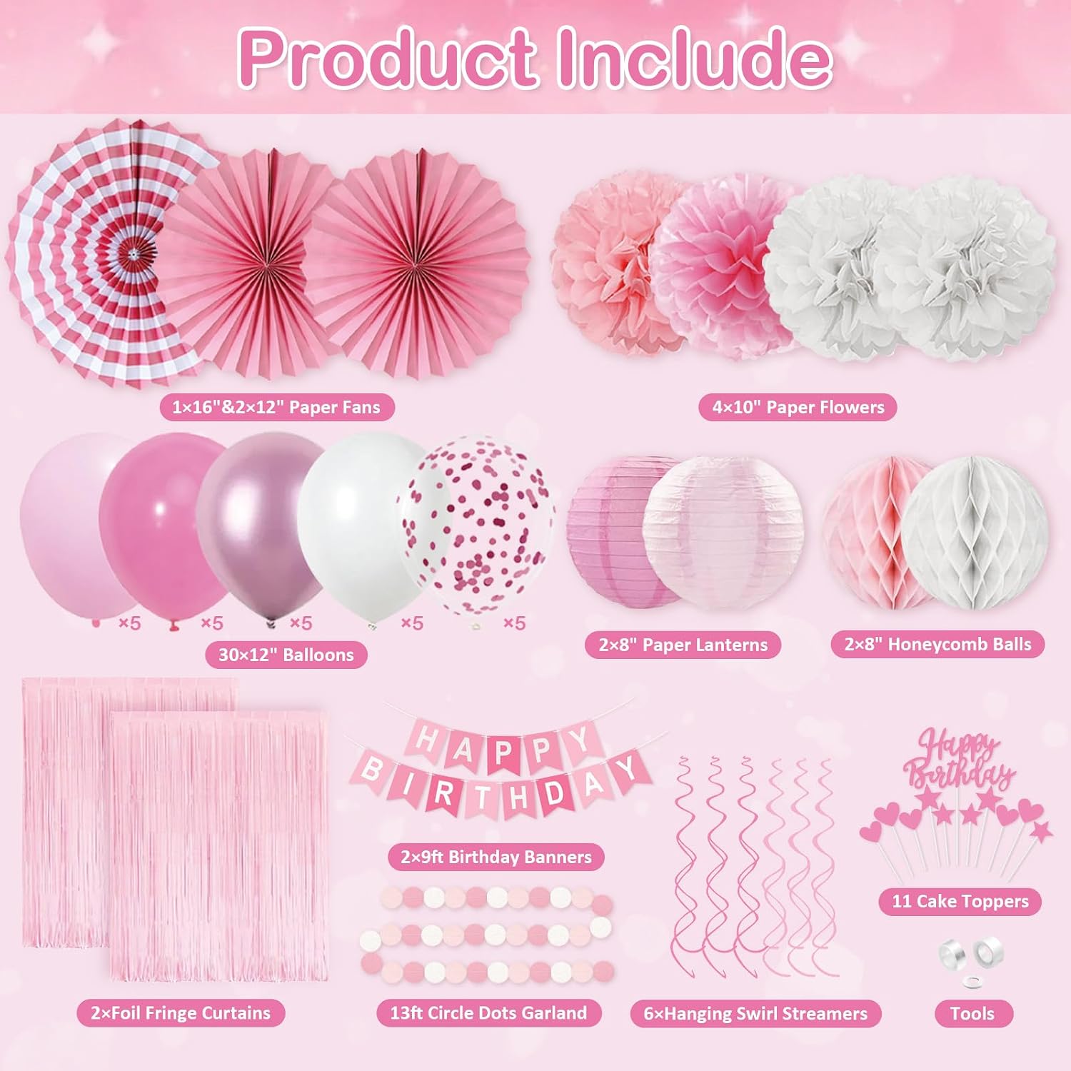 Pink Birthday Party Decorations, 66PCS Light Pink Happy Birthday Decor for Women&Girls with Banner, Balloons, Paper Fans, Flowers, Lanterns and garland etc. for Any Occasions