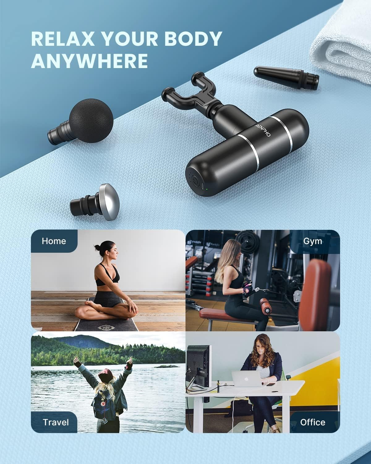 RENPHO C5 Mini Muscle Massage Gun, Deep Tissue Percussion Portable Massager for Back Relief, Professional Quiet Electric Gun with 4 Massage Heads, for Gym Office Home Post-Workout Recovery Gifts