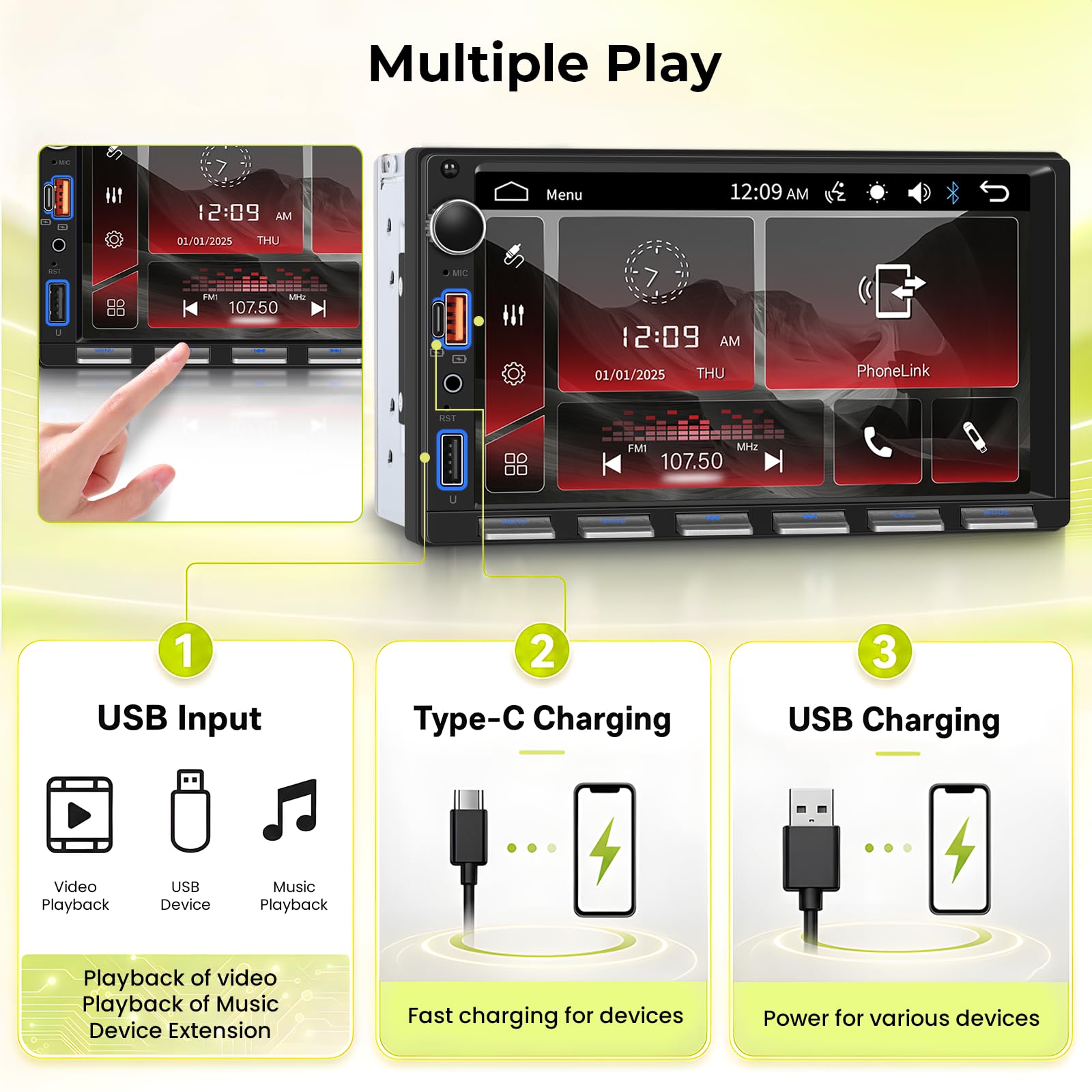 2 DIN Radio samochodowe z bezprzewodowym Carpal i Android, auto i MirrorLink, 7-calowy ekran dotykowy stereo z Bluetooth, FM, AUX/TF/tylną kamerą/SWC