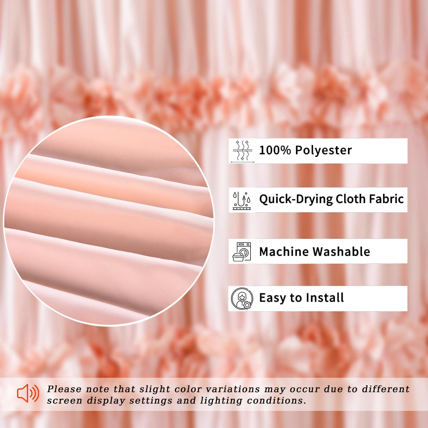 2-Piece Peach Shower Curtain Set, Soft Fabric Double Panels for Easy Access, Cozy Brushed Texture, Ruffle Design, Everyday Bathroom Décor, 36" W x 72" H x 2 Panels (LQ-44)