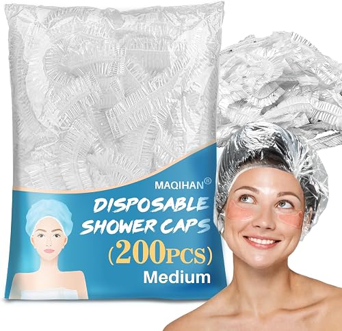 MAQIHAN 200 Disposable Shower Caps Unisex - Medium Plastic Hair Caps for Deep Conditioning Shower Cap Reusable Waterproof for Women Men Hair Treatment Bath Cap for Long Hair Travel Essentials