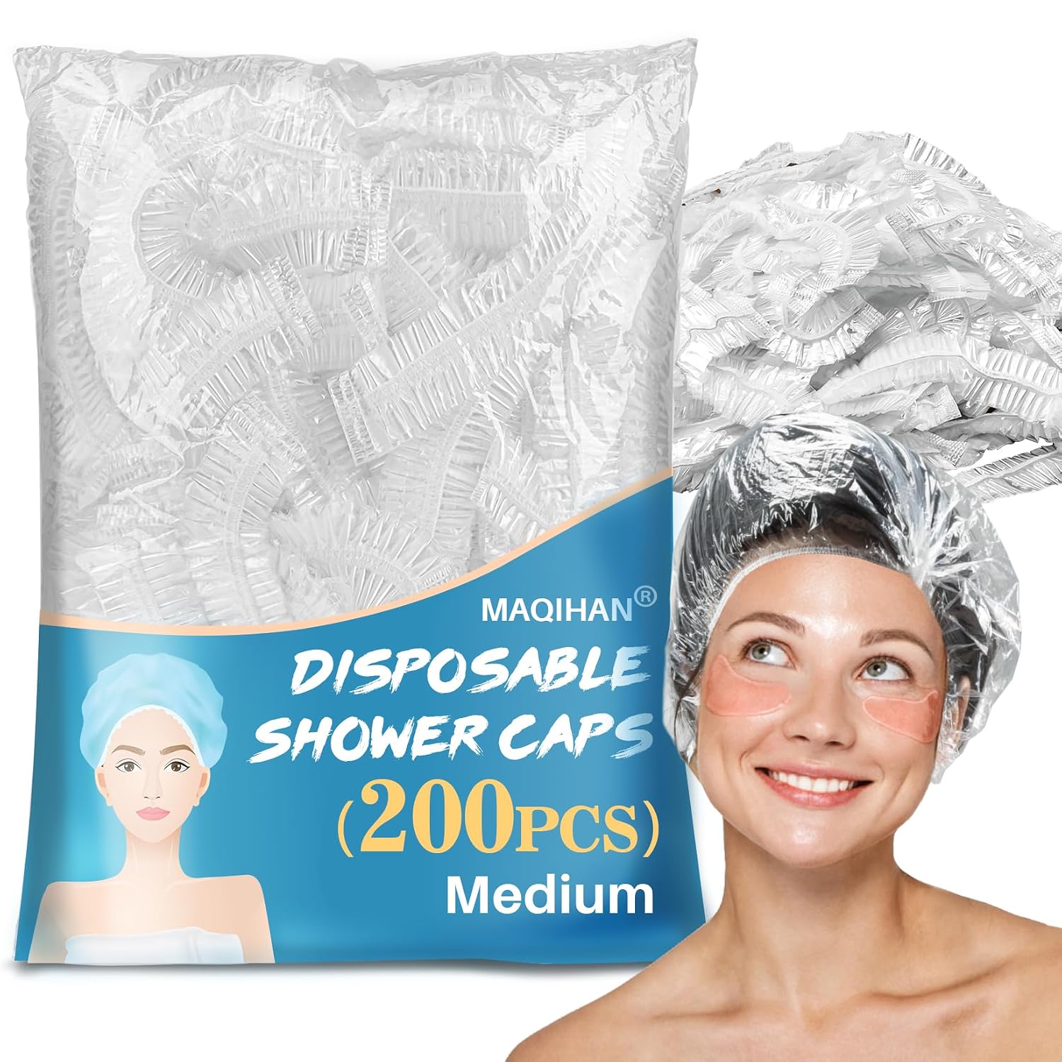 MAQIHAN 200 Disposable Shower Caps for Women - Medium Plastic Hair Caps for Hair Treatment, Clear Shower Cap for Kids Reusable Waterproof, Hair Care Must Have, Travel Essentials (46cm)