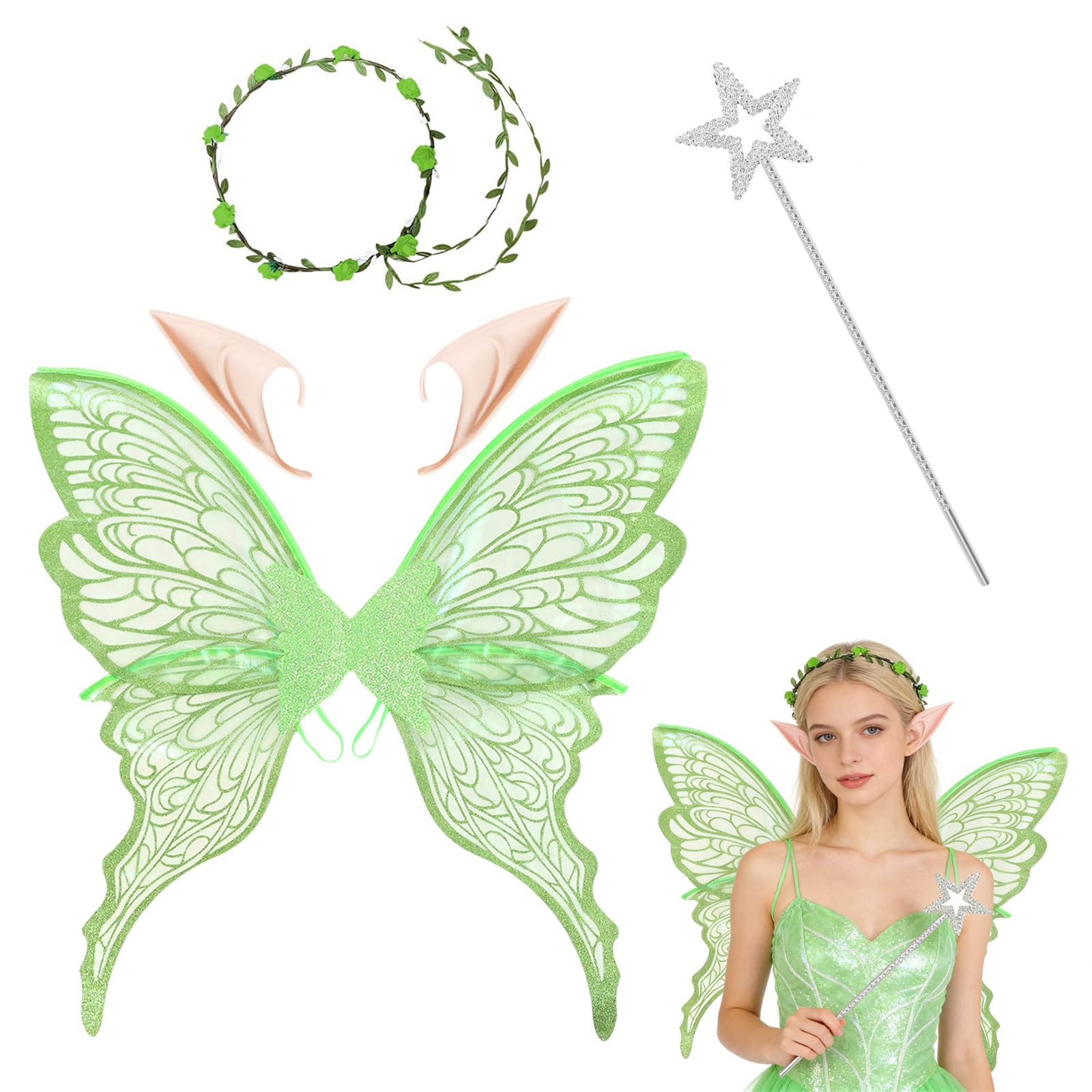 Fairy Wings Costume Set, 4-Piece Tinkerbell Style Outfit with Butterfly Wings, Elf Ears