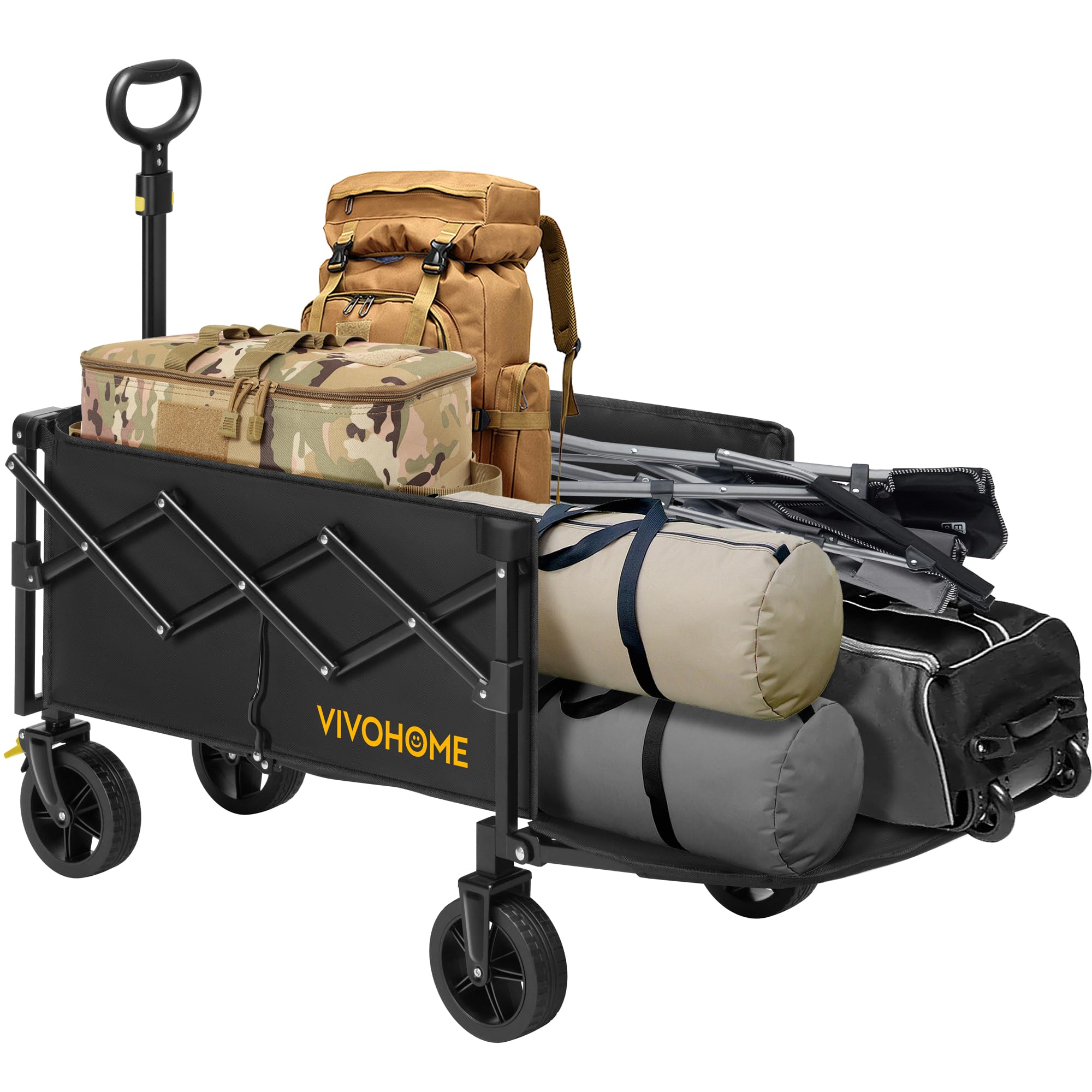 VIVOHOME 130L Collapsible Wagon with Tailgate, 320lb Load-Bearing Outdoor Utility with All-Terrain Wheels, Adjustable Handle, Cup Holders for Camping, Shopping, Garden, Sports, Picnic, Black