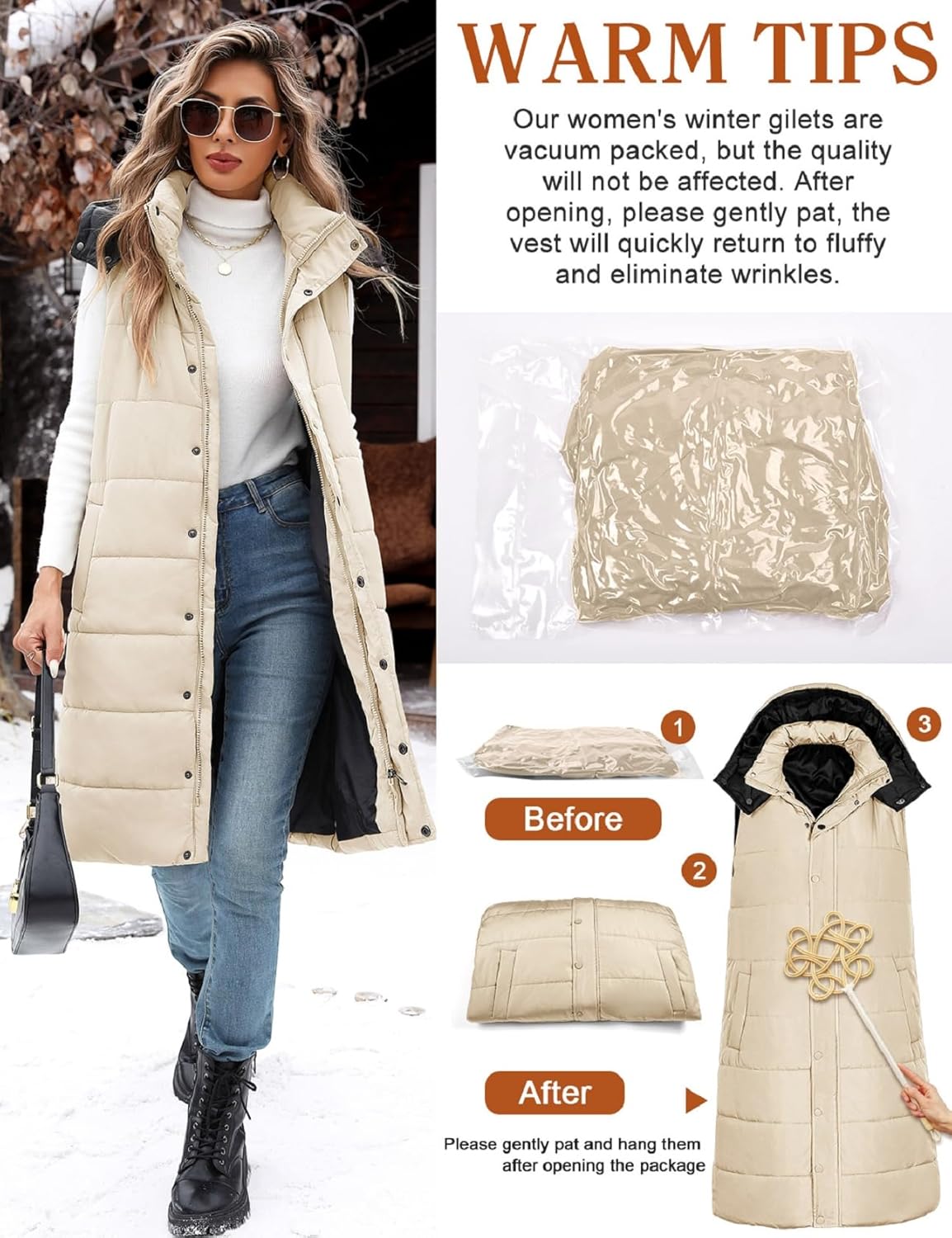 Long Puffer Vest Women With Hood Sleeveless Down Vest Warm Jacket Winter Coat With Pockets - Image 7