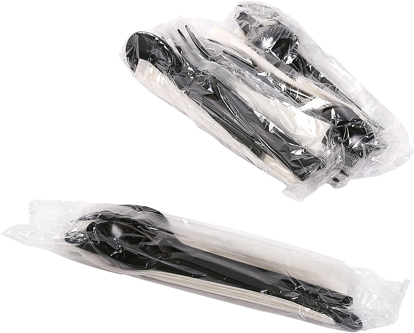 AmerCareRoyal 4-in-1 Disposable Silverware Heavy Weight Plastic Utensil Set with Soup Spoon, Fork, Knife and 13x17 inch Napkin - Individually Wrapped Cutlery Meal Kit, Black, Case of 250