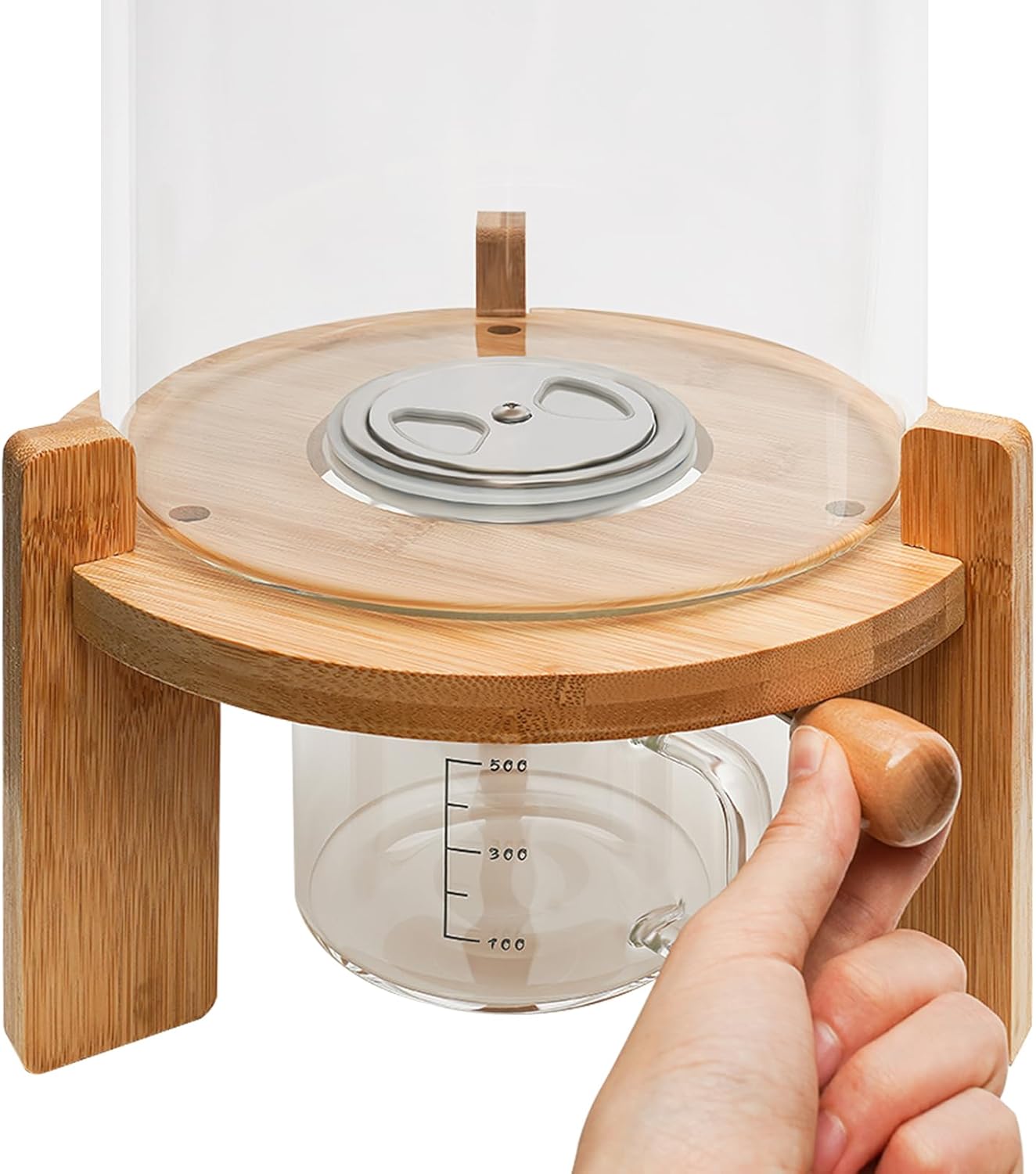 Rice Dispenser Grain Container for Kitchen Organization - Glass Bottle Flour and Cereal Storage with Stand, Valve, Cup, and Lid