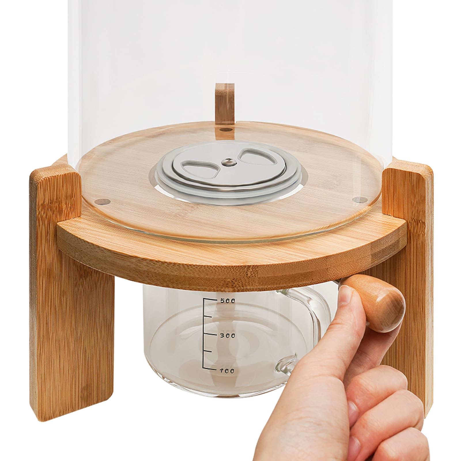 Grand distributeur de céréales en verre de 7,5 l avec couvercle en bambou et support en bois pour riz, flocons d'avoine, farine, soja