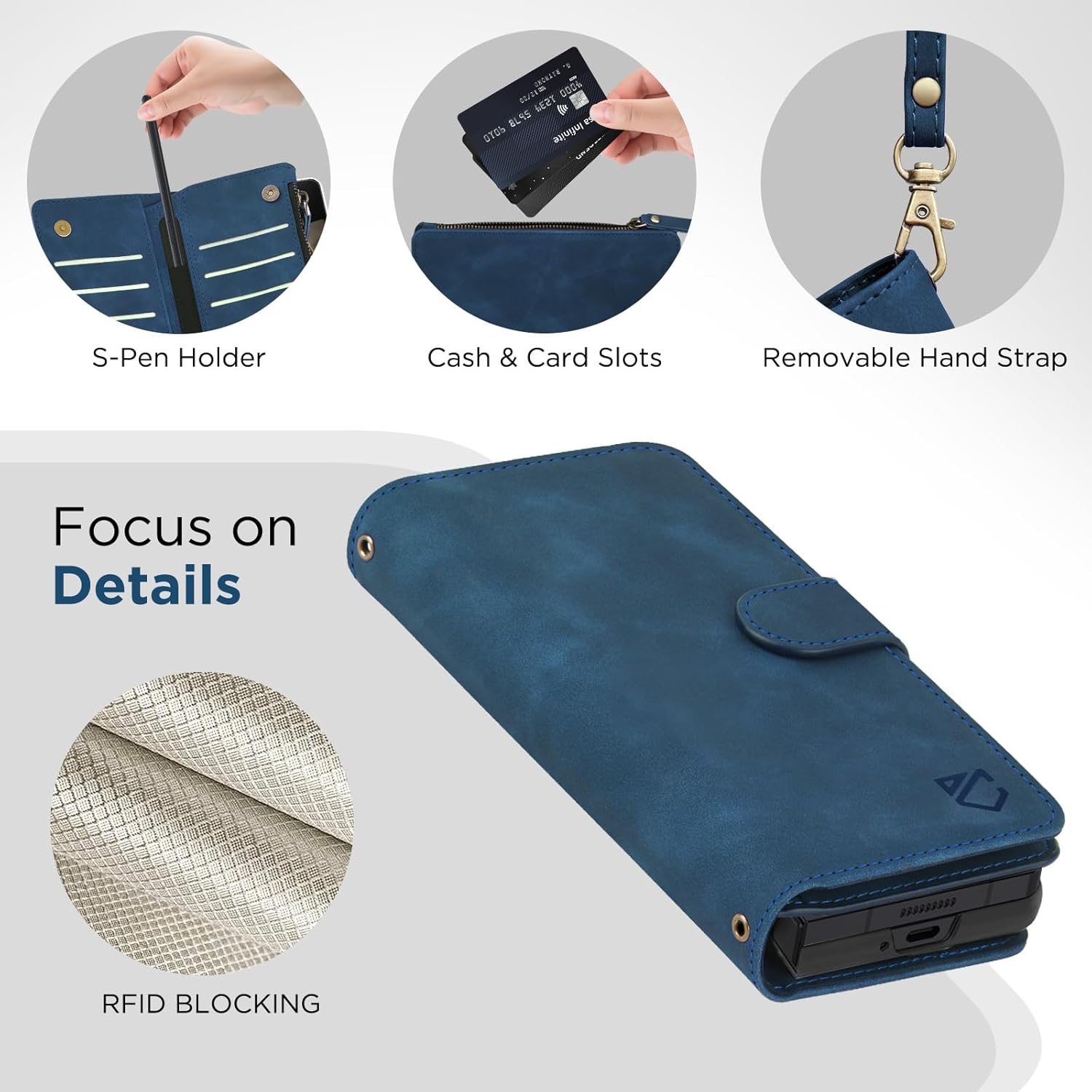 for Samsung Galaxy-Z-Fold-4 Wallet Case: with RFID Blocking Card Slots (6 Cards) & Hidden S Pen Holder | Soft PU Leather Magnetic Snap Zipper Wrist Strap Protective Phone Cover - Blue