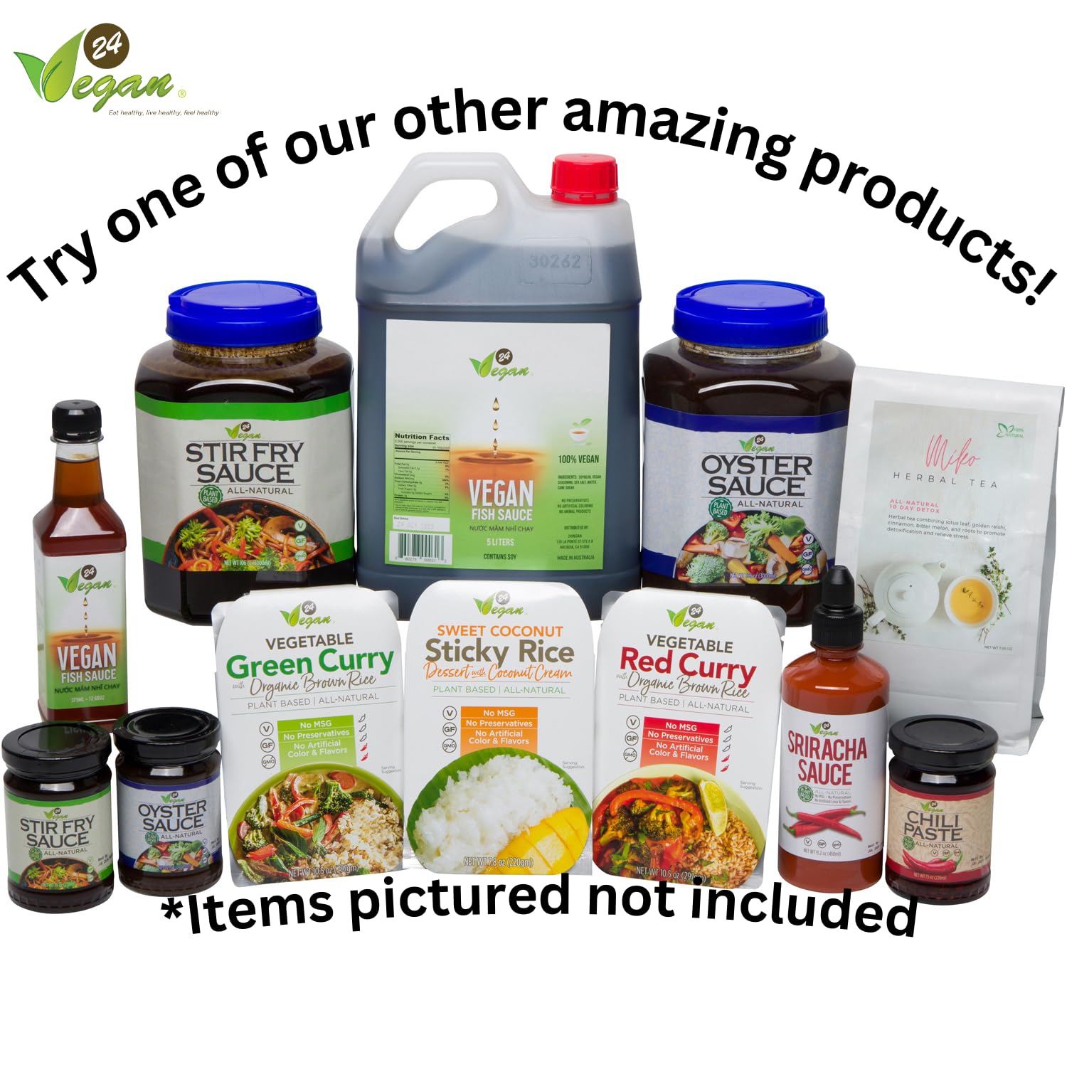 24Vegan Fish Sauces Premium Plant-Based Seasoning Sauce, All-Purpose Instant Flavor Boost, Gluten Free Fish Sauce, Gluten Free Soy Sauce, Vegetarian Asian Sauces, Vegetable Umami Flavor, Dressings and Marinades for a Sweet, Tangy and Spicy Flavor Includes TWO 5 Liter Jugs Bulk