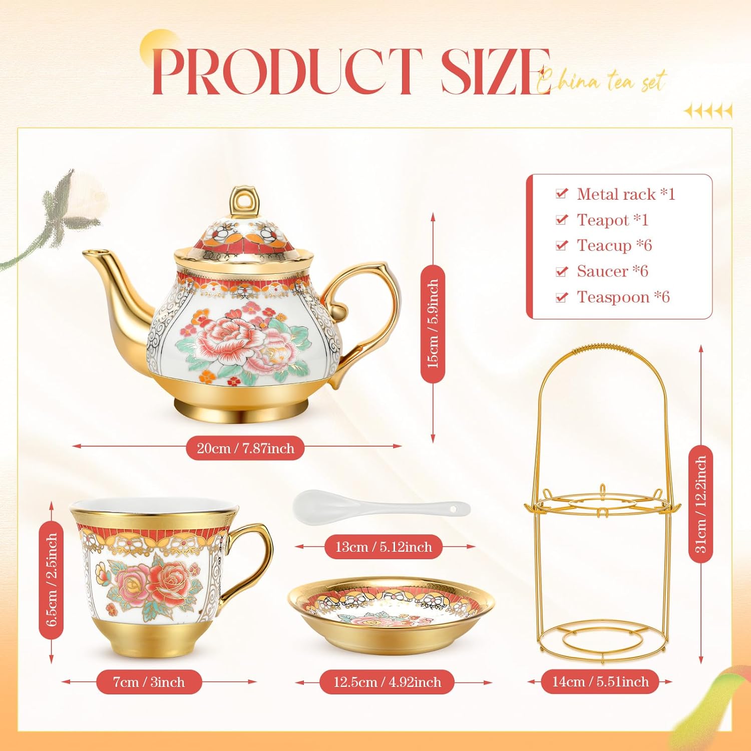 20 Pcs Porcelain Tea Set for Adults with Metal Holder and Spoon European Ceramic Tea Party Set Flower Painting Teapot Cup Saucer for Women Gift, Serving 6 People(Classic)
