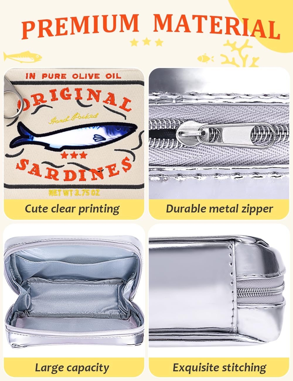 Cessfle Canned Sardines Makeup Bag Embroidered Canvas Cosmetic Pouch