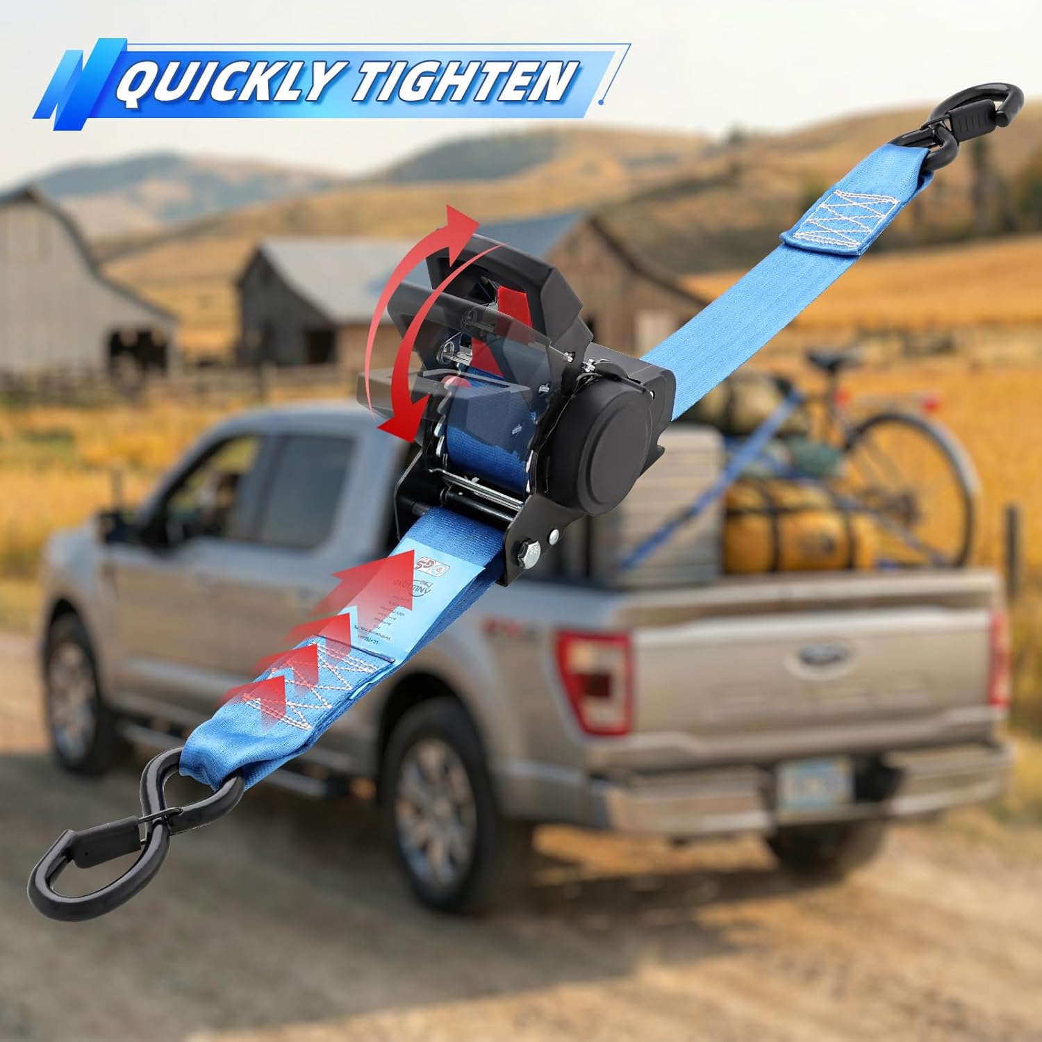 ANLULOAD Retractable Ratchet Strap,Ratchet Tie Down Strap for Motorcycles, Boats,Atvs,Utvs.2PACKS (2in*13.1Ft) Blue