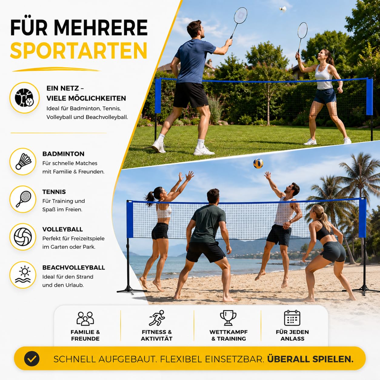 3,1 m faltbares Badmintonnetz - mit Tragetasche und höhenverstellbarem Ständer 107/105/150 cm Nylon Federballnetz für Federball Badminton Tennis Volleyball Beachvolleyball einfach auf und abbaubar