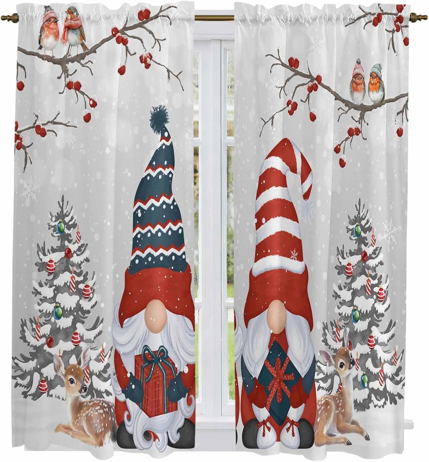 Christmas Grey Kitchen Curtains, Gnomes Xmas Tree Cardinal Birds Snowflake Snowflake Light Filter Window Curtain Panels,2Pcs Rod Pocket Window Treatments Set for Living Room Bathroom Bedroom 42''x63''