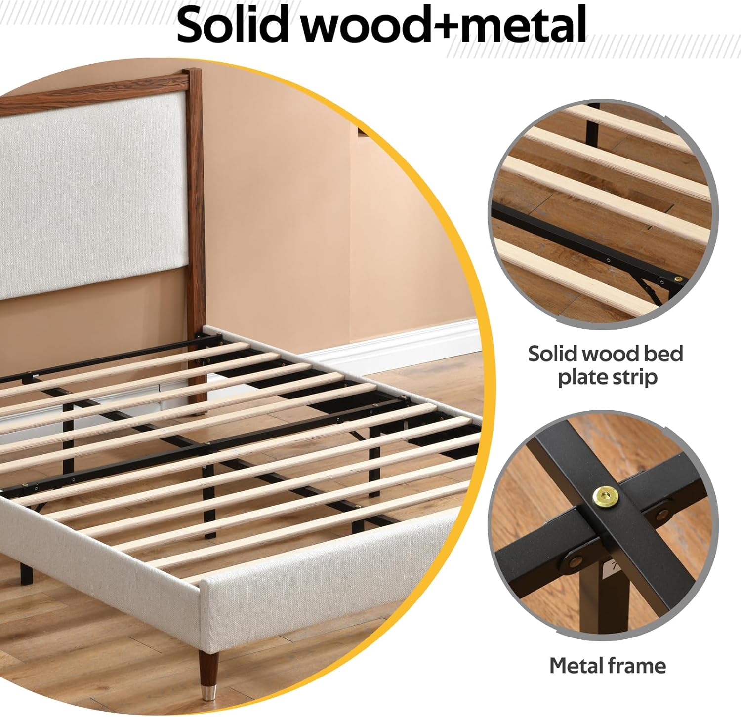 YUHUASHI Queen Upholstered Platform Bed Frame with Solid Wood Trim Headboard, Linen Fabric Upholstery, Sturdy Slat Support No Box Spring Needed, Easy Assembly (Cream, Queen (U.S. Standard))