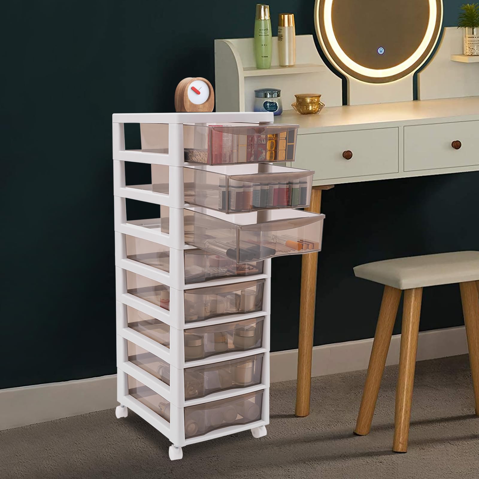 Cassettiera Salvaspazio 8 Cassetti Trasparenti, Carrello Organizer in PP con 4 Ruote, Mobile Portaoggetti per Bagno e Camera, Struttura Robusta, Multiuso e Capiente, Khaki