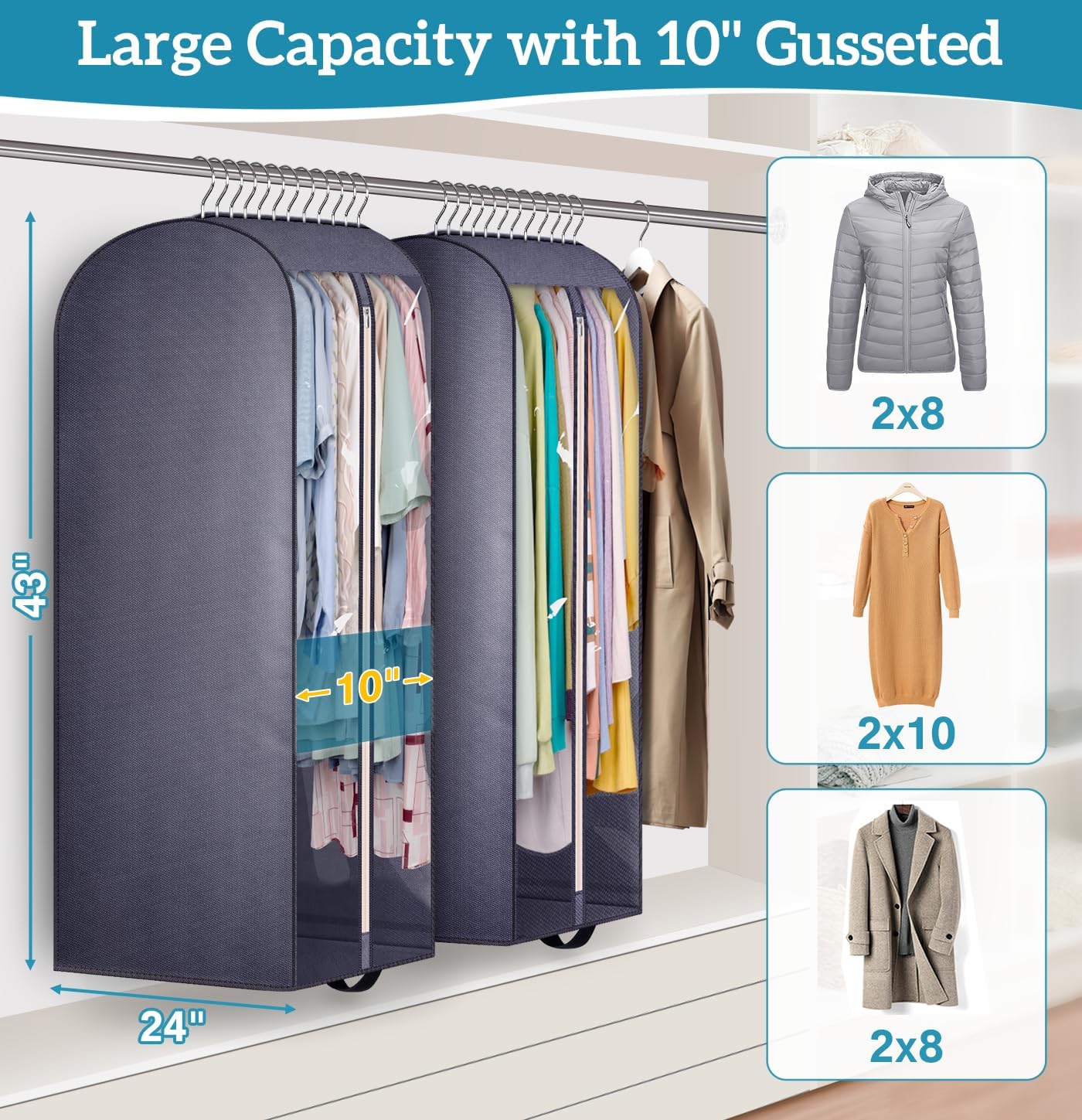 KIMBORA 10" Gusseted Clear Garment Bags for Hanging Clothes Storage, 43" & 54" Suit Bags for Closet Storage with Handle, Garment Covers for Coats, Jackets, Sweaters (4 Packs, Grey)