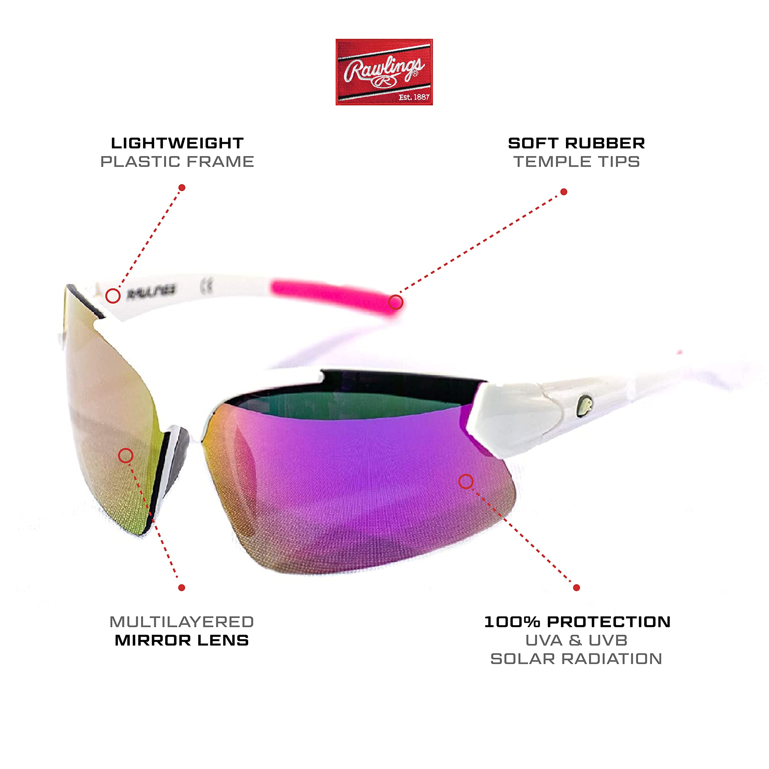 RAWLINGS Młodzieżowe sportowe okulary baseballowe 100% UV Poly soczewki lekkie stylowe soczewki ochronne, składane odporne na zarysowania, biały/różowy
