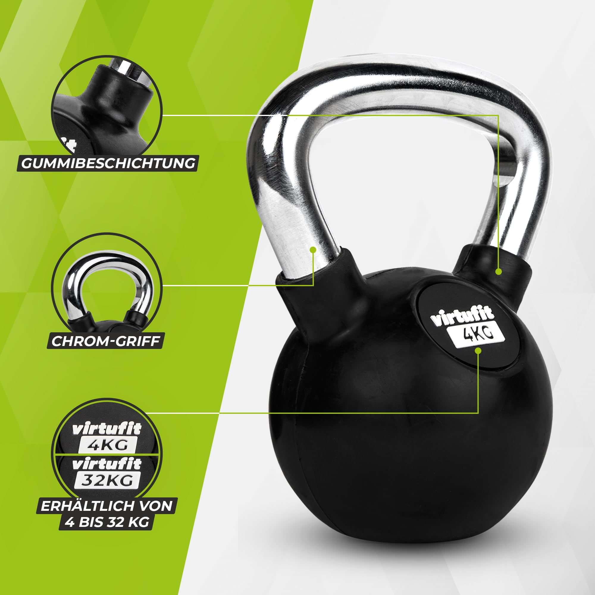VirtuFit Kettlebell - Pesa rusa (goma, 4 kg hasta 32 kg)
