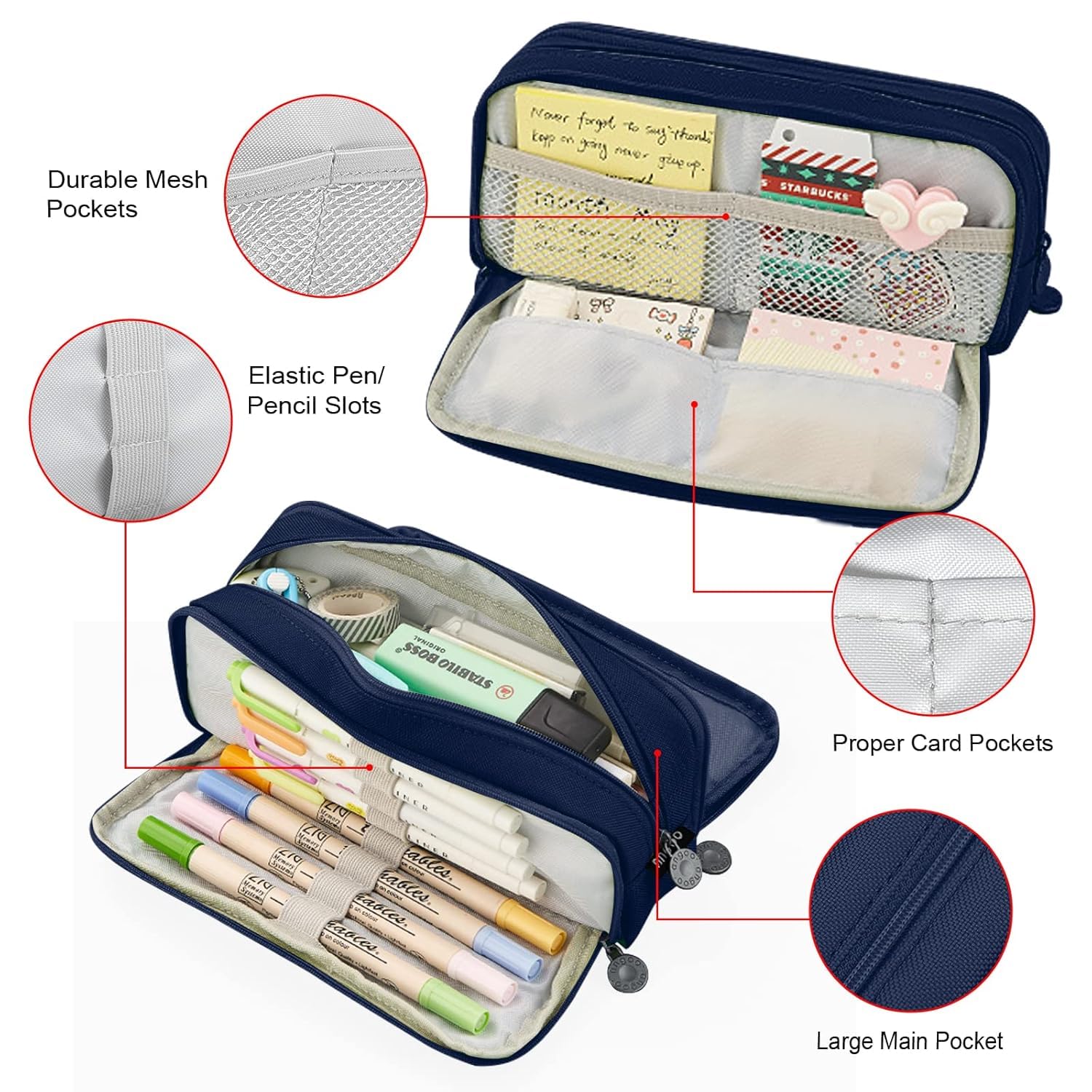 VEPROIX Canvas Large Capacity Pencil Case with 3 Compartments, Metal Zipper Pen & Pencil Pouch for School, College, Office, Boys & Girls, Travel Stationery Bag Organizer (Blue) 2