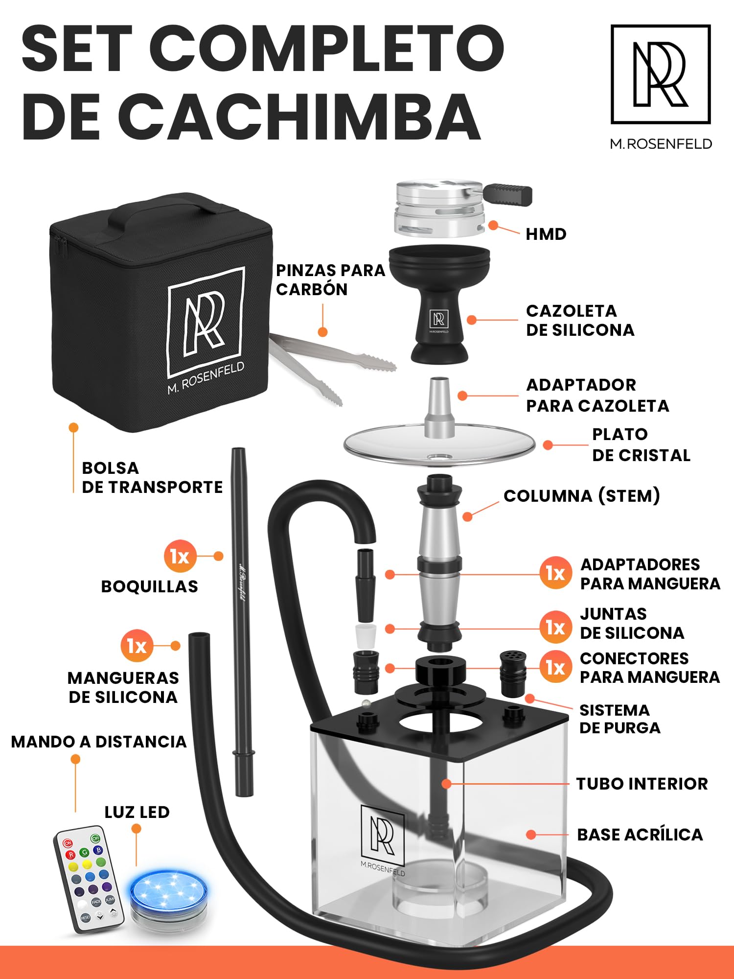 Set de Cachimba Completo Portátil con Bolsa y Accesorios Premium – Cabezal con HMD, Boquilla, Tubo de Inmersión de Aluminio, Difusor y Base de Acrílico