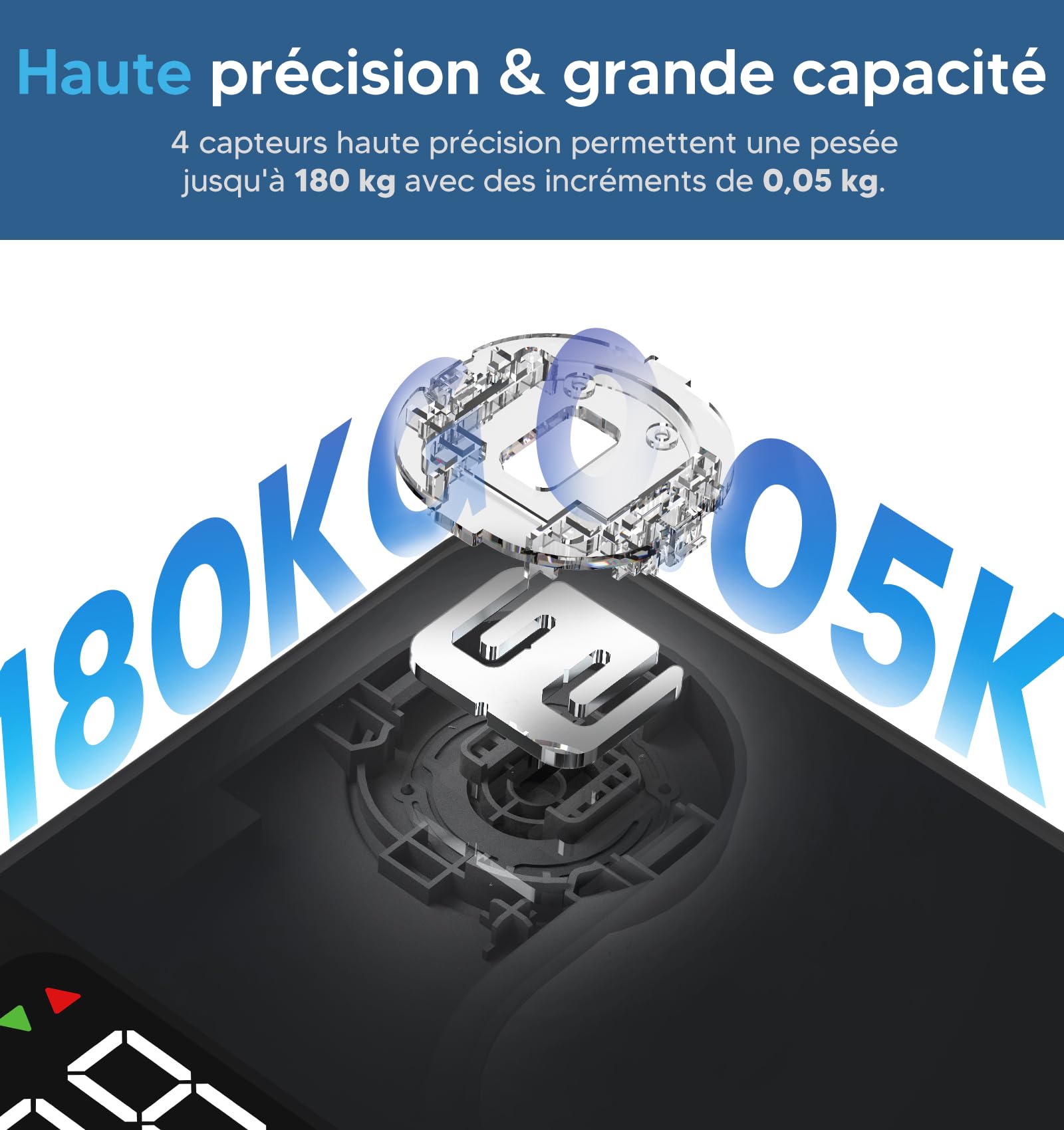Balance Connectée Smart GE Pese Personnes avec Grand Écran 14 Données Corporelles Masse Graisseuse et Musculaire IMC Bluetooth 180 kg Noir