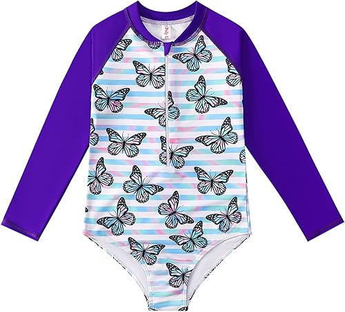 Traje de baño de una pieza con protección solar de manga larga para niños pequeños, con protección solar UPF 50+ para niñas de 4 a 12 años
