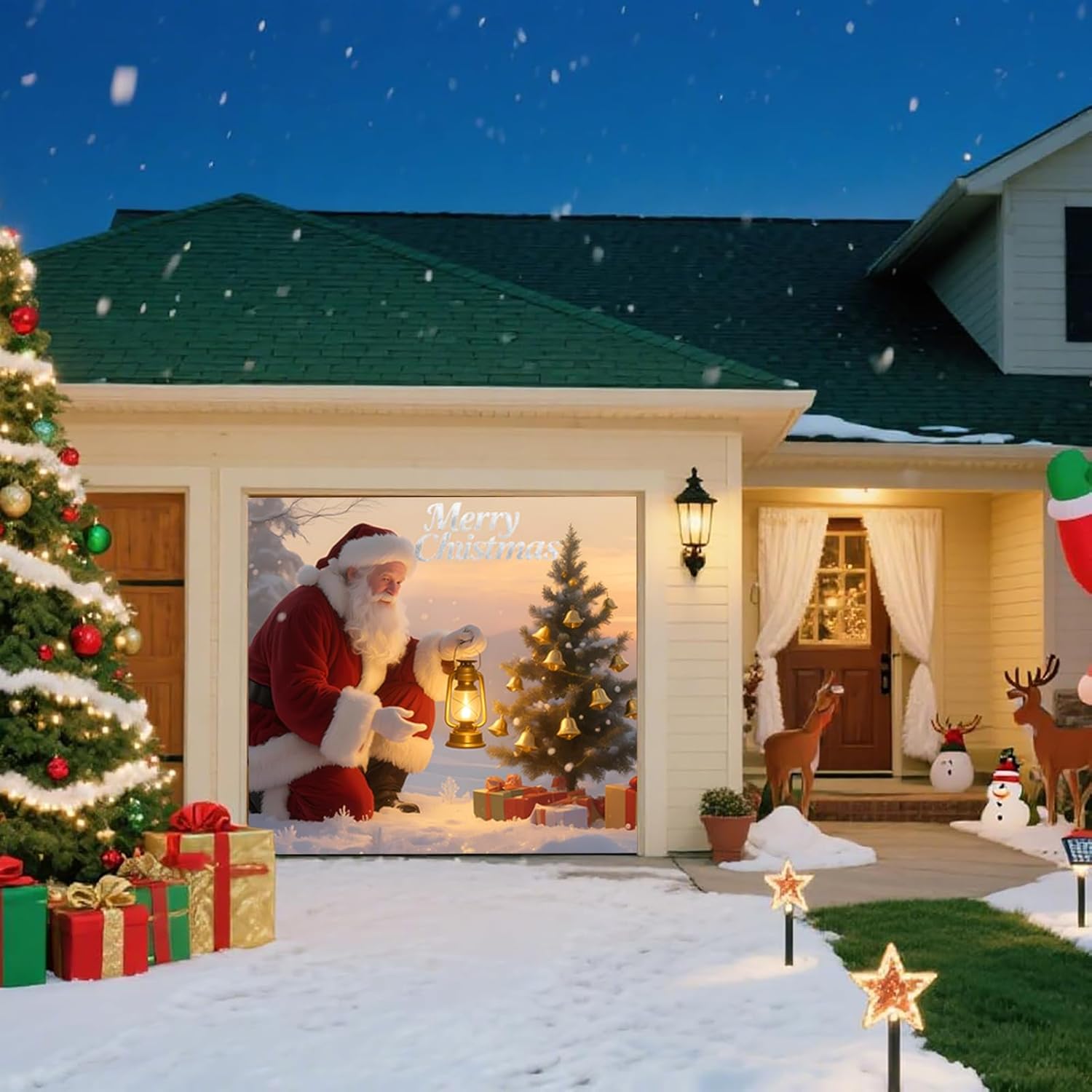 Christmas Garage Door Banner – Santa Claus, Xmas Tree & Gift Boxes, Large Waterproof Reusable Outdoor Holiday Cover for Home, Yard, Party & Photo Backdrop,8 × 7ft/2.4 × 2.1m