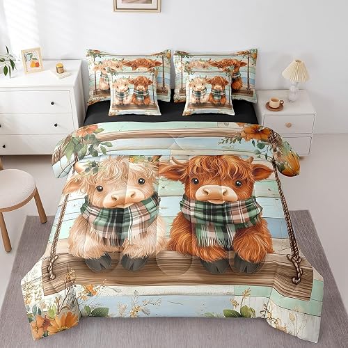 Erosebridal Girls Highland Cow Bedding Set Queen Size 7 Piece Bed in A Bag Weste