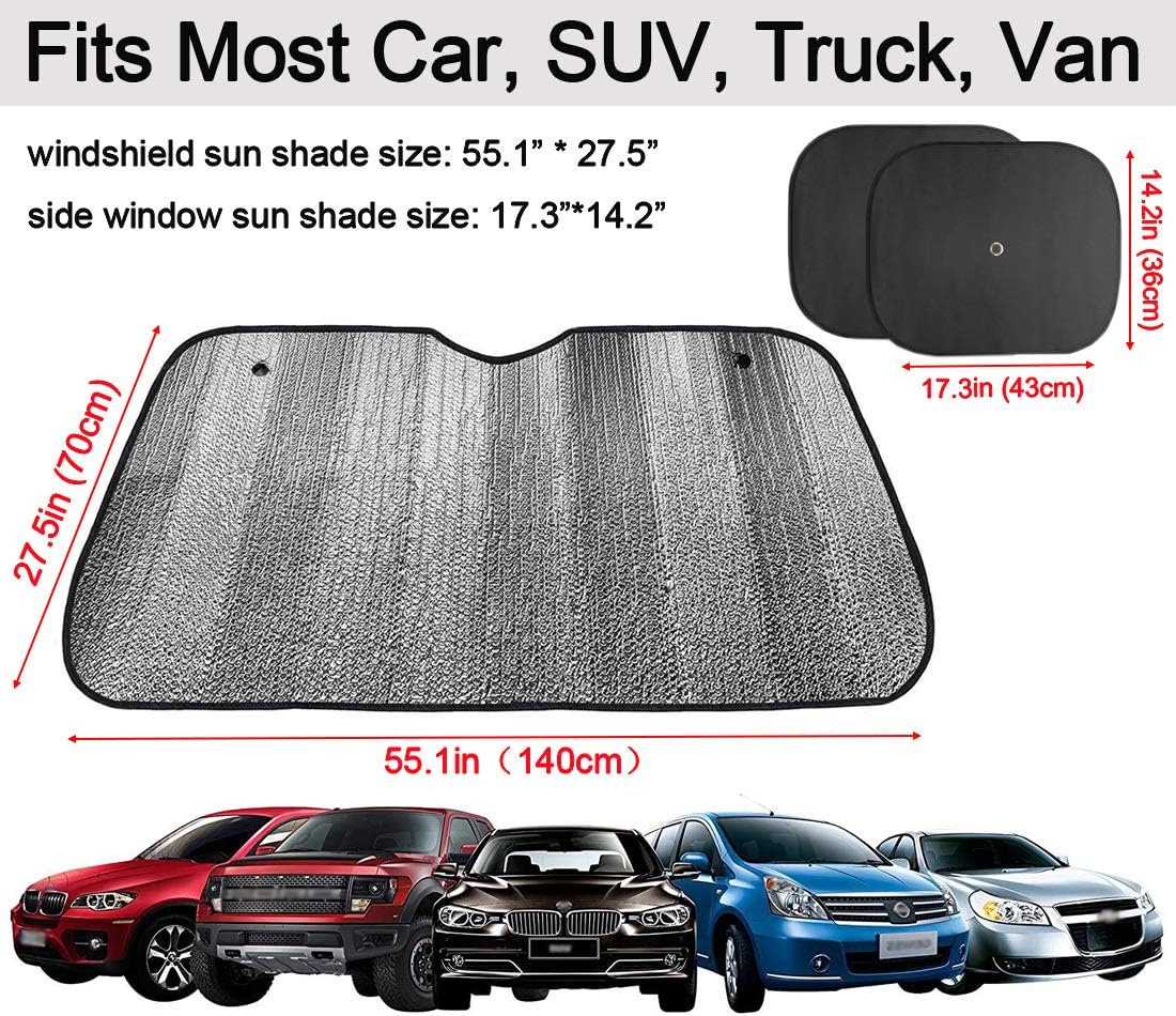 Big Ant Windshield Sun Shade + Bonus Car Window Shade, Car Sun Shade Keeps Vehicle Cool-UV Ray Protector Front Windshield Sunshade Fit for Most Cars SUV Trucks Minivans(55.1 x 27.5 inches)