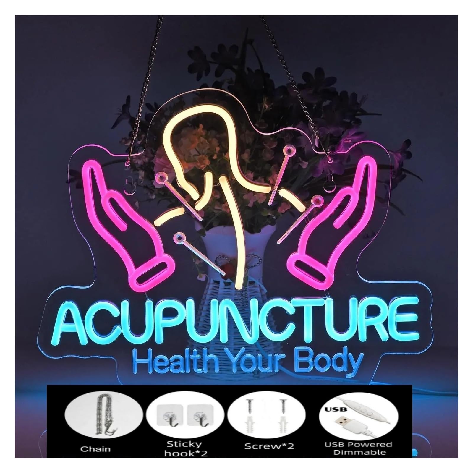 Luces de neón Luz De Neón LED De Acupuntura: Alimentada Por USB, Con Atenuador, Brillo Ajustable Para Salas De Terapia, Decoración De Bienestar 35x49cm