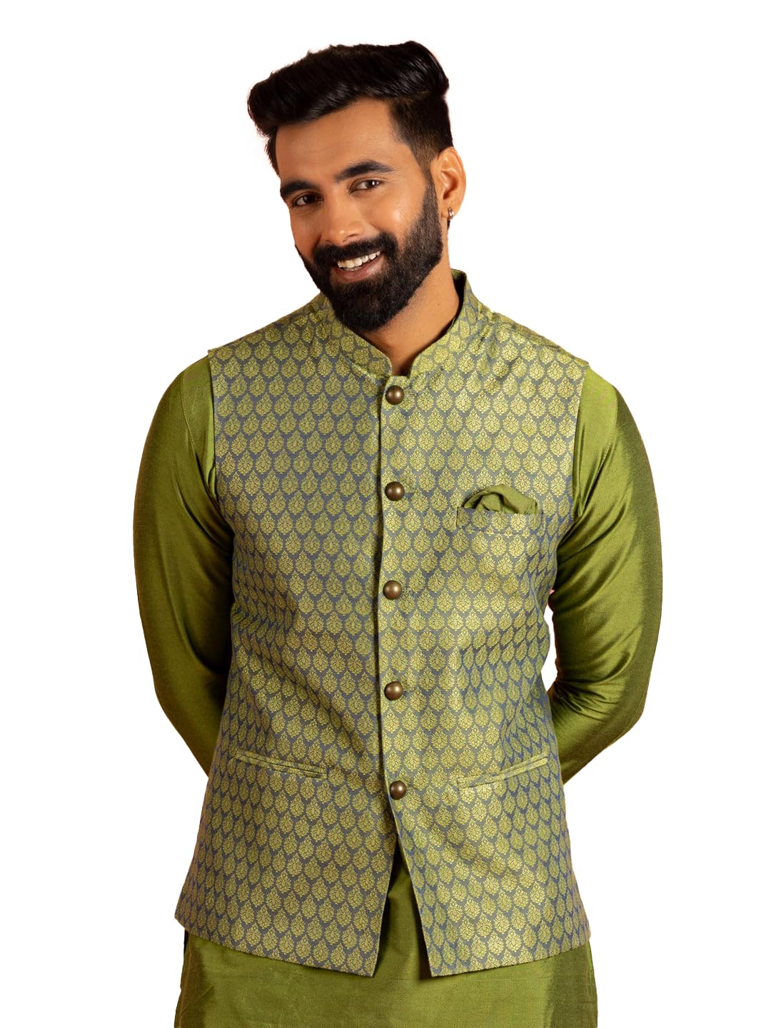 kisah Men's Nehru Jacket, Black Jacquard, Floral Regular Fit Mandarin Collar Sleeveless-picture-15