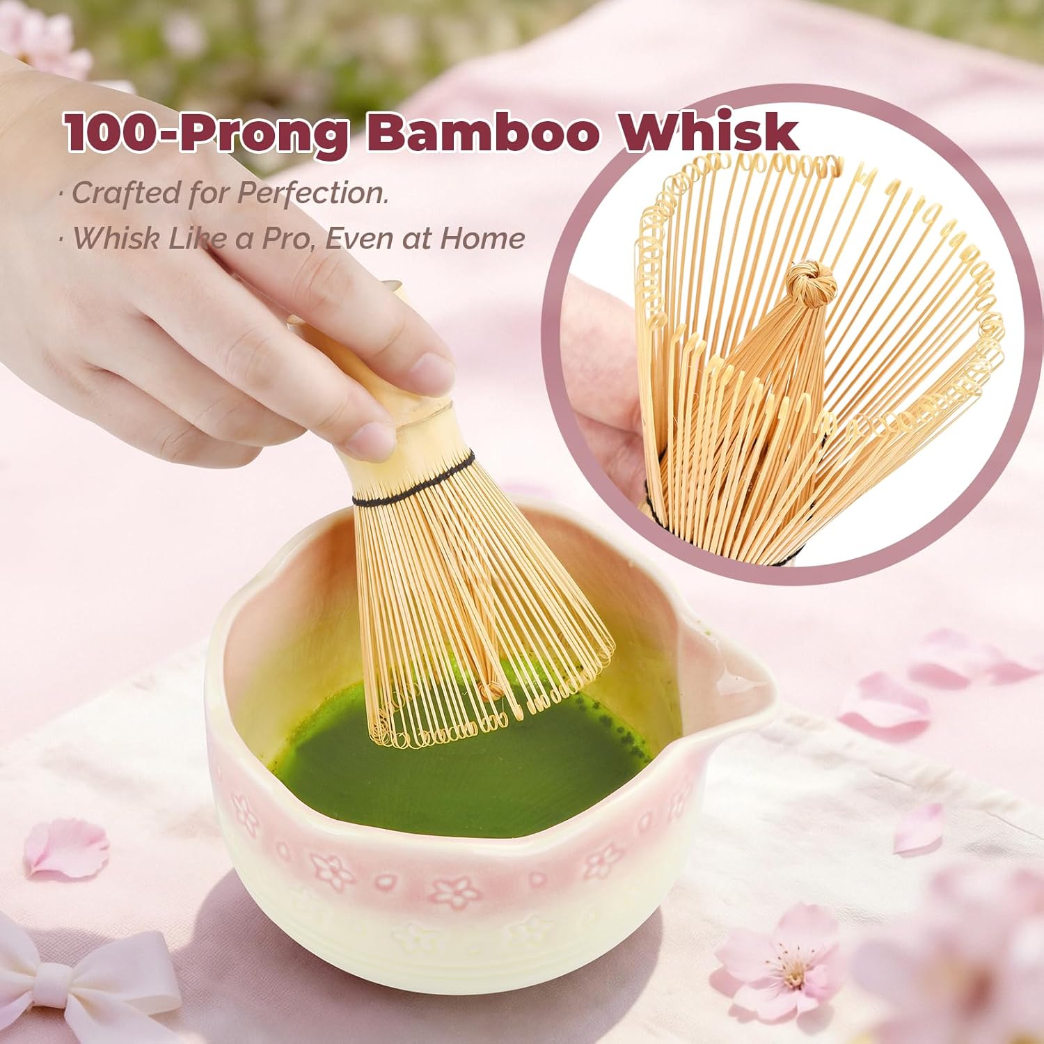 Portable All-in-one Matcha Set, 11-Pc Japan Matcha Tool Gift, Ceramic Bowl w Spout, Bamboo Whisk, Scoop, Sifter, Tea Cloth, Leather Storage Bag & Thank U Card, Mother’s Day Gift&Picnic