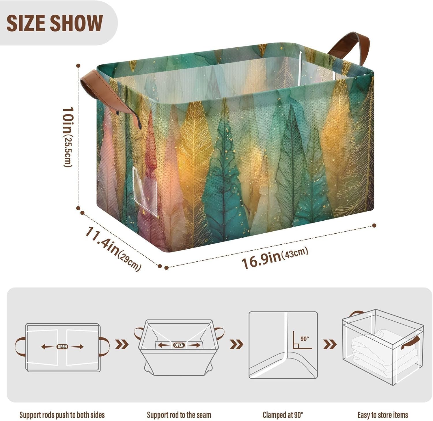 Art Forest Print Storage Baskets 2 Pack with Foldable Steel Frame Water Resistant Cloth, Home Office Cube Organizer 16.9×11.4×10 inches