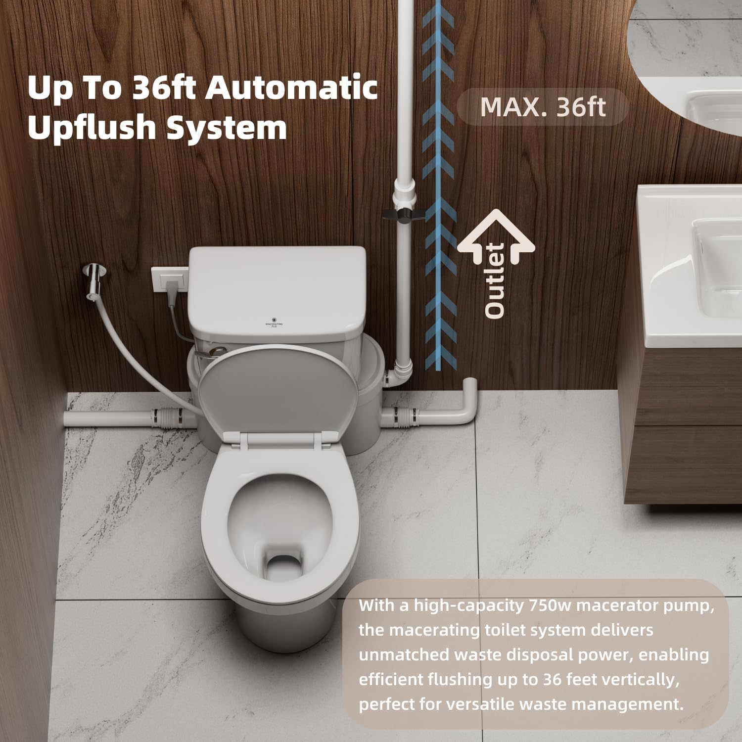 Upflush Toilet System 750 Watt, Compact Macerator Pump Up To 36 Feet, Basement Toilet With AC Vent, Slow-Close Seat, IP55 Enclosure, Ideal For Challenging Plumbing Layouts