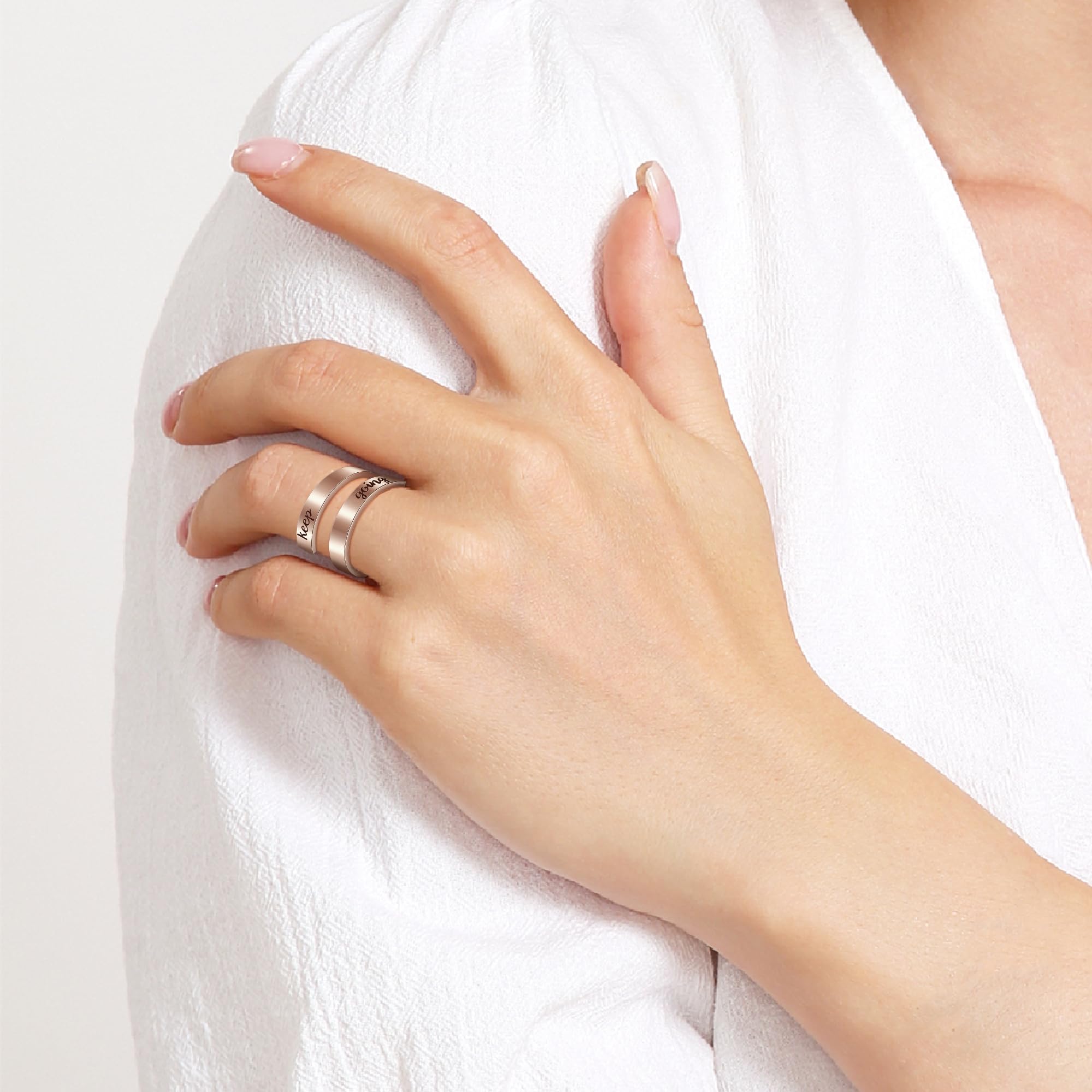 Anillo de plata con texto en inglés Keep Going, anillos inspiradores de acero inoxidable, tamaño grabado, bandas ajustables para estimulación de personalidad genial para mujeres y hombres, 2