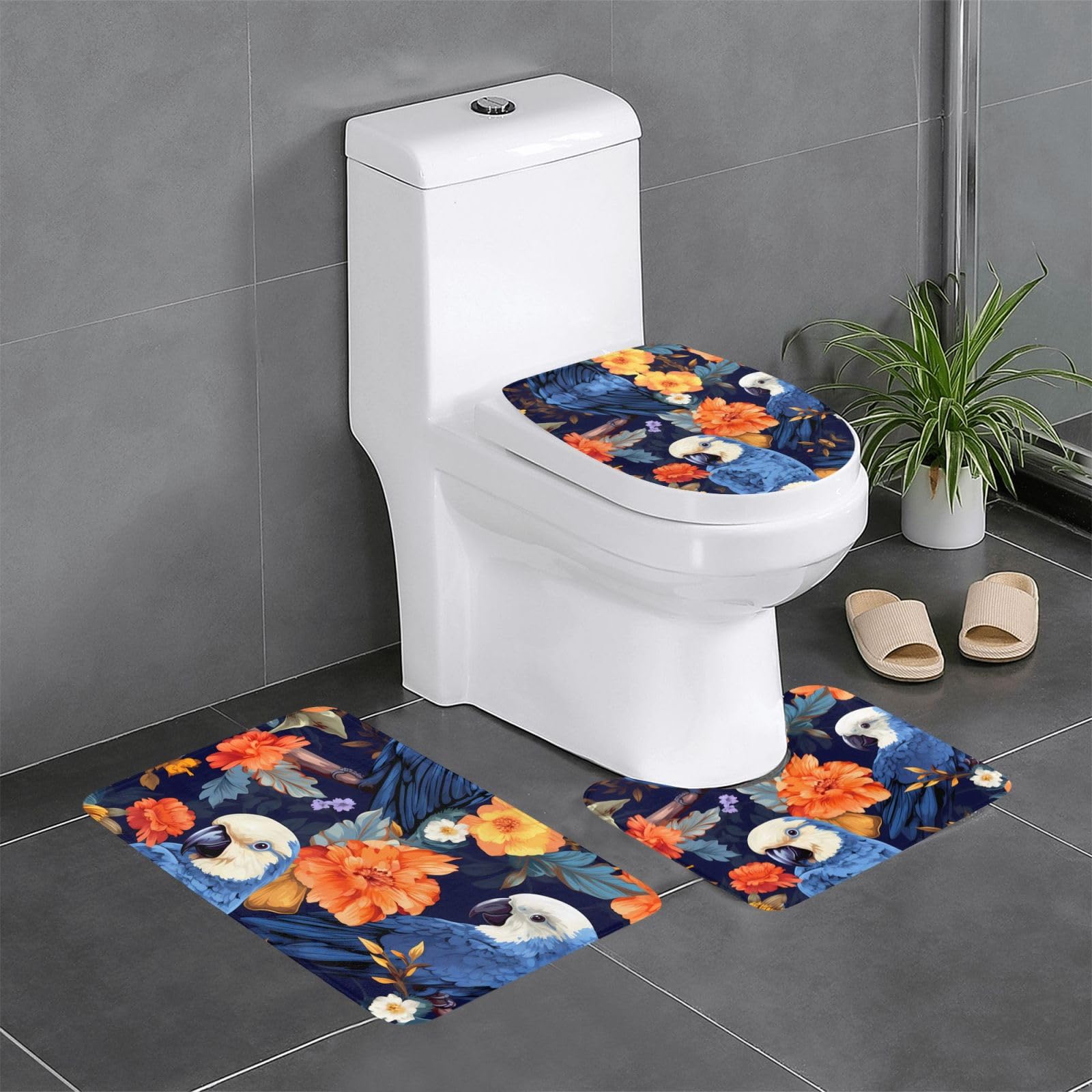Tapis de bain perroquet bleu pour une décoration exotique aux toilettes