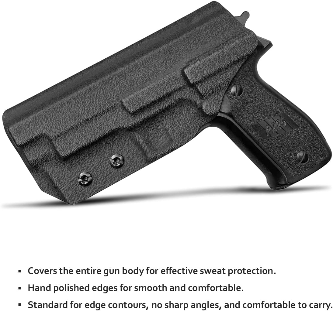 Sig P226 Holster IWB / OWB Kydex Holster Custom Fit: Sig Sauer P226 Full Size 4.4'' Barrel - Inside Waistband Concealed Carry / Outside Waistband Carry 1.5-2 Inch Belt Clip - Adj. Cant Retention - Cover Mag-Button - Widened Entrance - No Wear, No Jitter