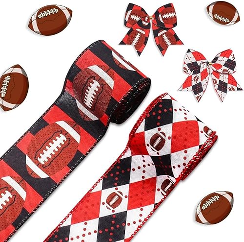 Hying 2 rollos de cintas de fútbol del Super Bowl para lazos de corona, rollos deportivos con borde con alambre, cinta de arpillera negra y roja,