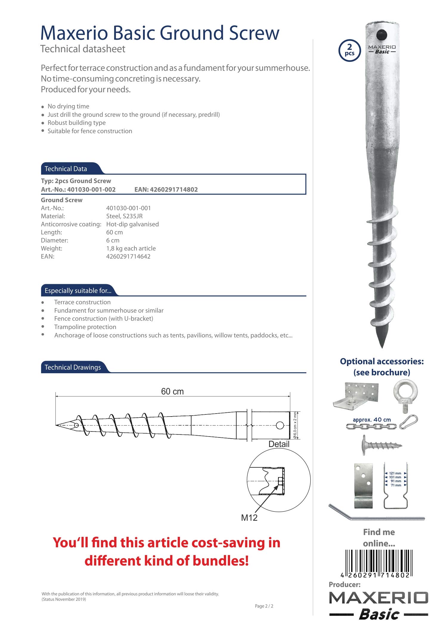 60 cm Core Schraubfundament 2er Set; Ø 60 x 2; M12