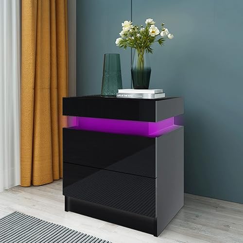 Mesita de noche LED con tapa abatible y cajones moderna mesita de noche negra con luces LED multicolor y 2 cajones de alto brillo mesita de noche de