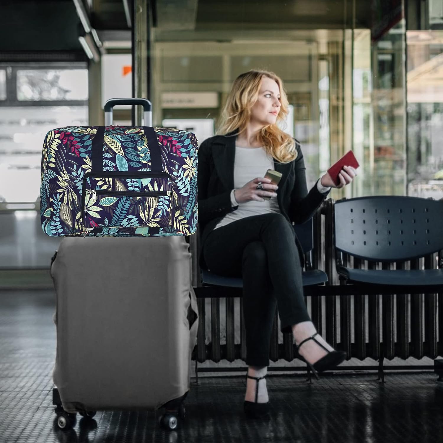 F.FETIVIN Weekender Bag Carry On Travel Duffle Medium Overnight Bag for Women (Blue Leaf) - Image 6