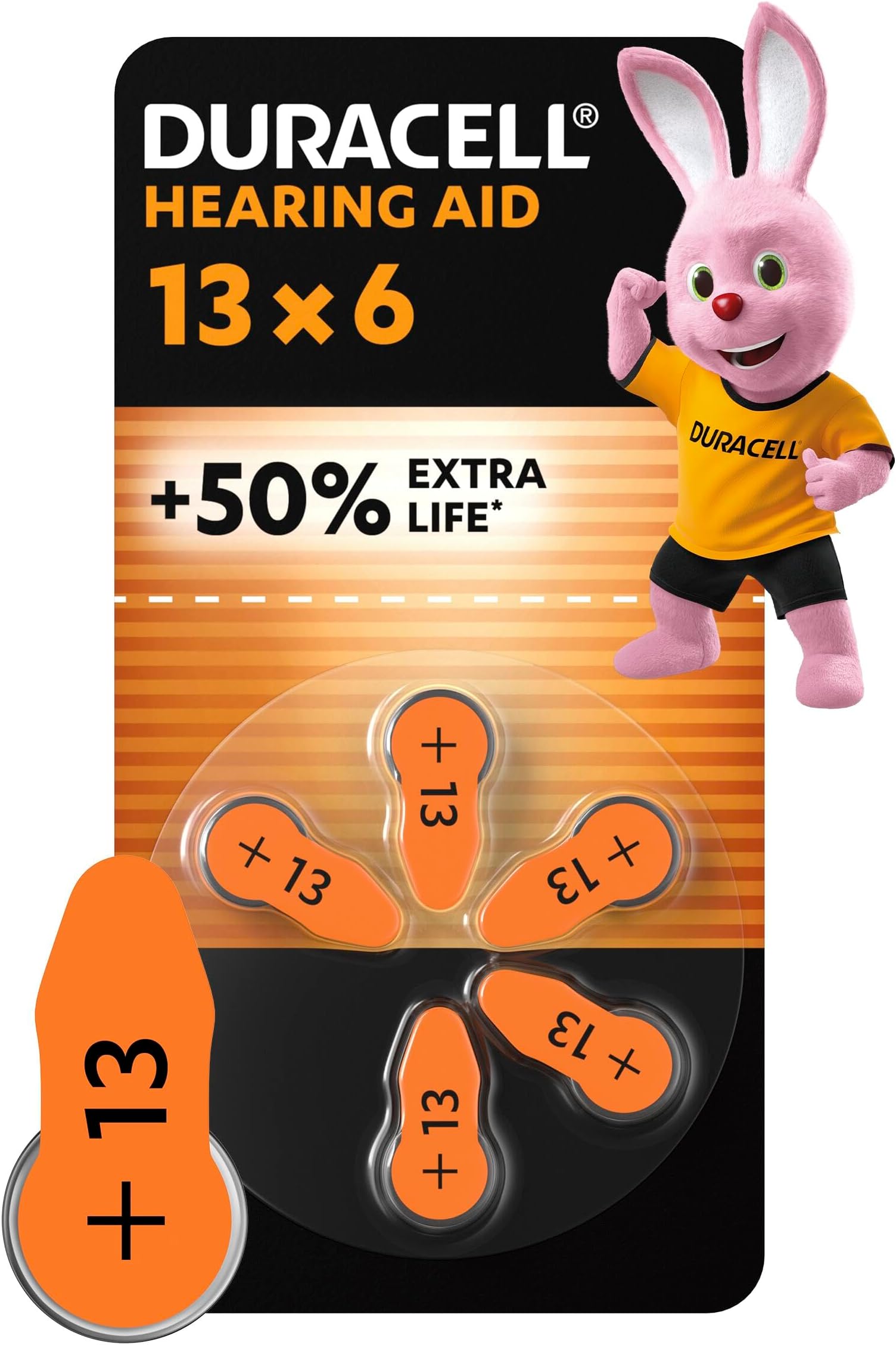 Duracell size 13 Hearing Aids batteries (pack of 6) +50% Extra Life, Easy Installation, 100% recyclable packaging, guaranteed 4 years in storage