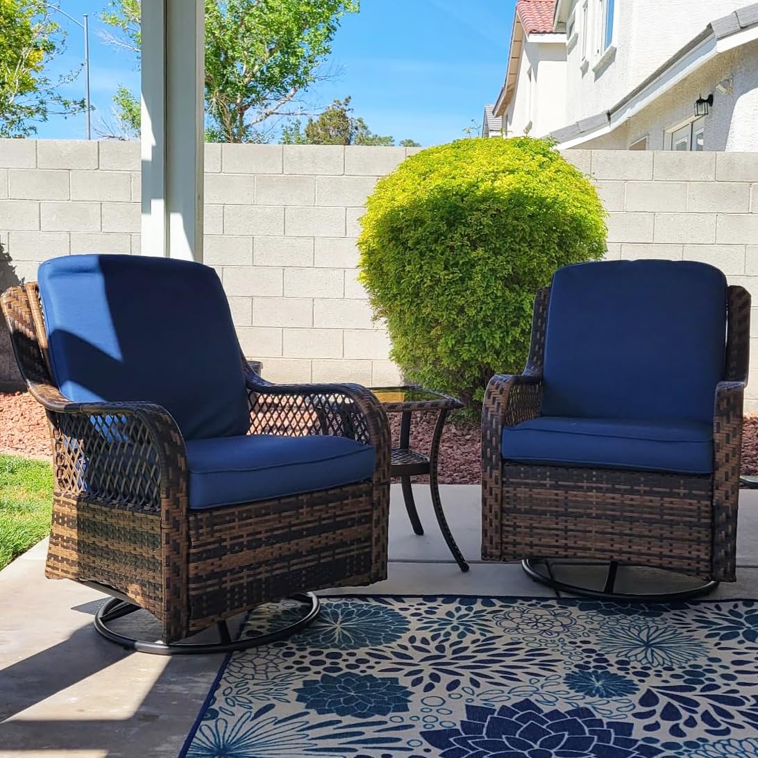 PHI VILLA Oversized Outdoor Swivel Rocker Chairs Set 3 Piece with 1 Table and 2 Rocking & Swivel Chairs Support 350lbs Navy Blue Wicker Outdoor Furniture Patio Conversation Set